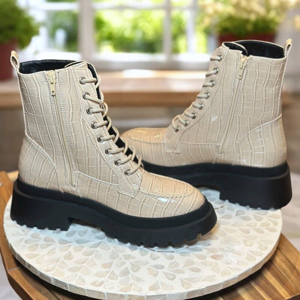 Topshop Kara Lace-Up Combat Boots Croc Embossed Beige Lug Sole Women’s 9.5 / 40 - Picture 4 of 15